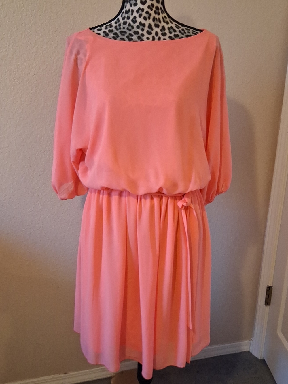 Paper Doll Women’s Coral/Peach Dress. Boatneck Chiffon Dress Sheer,Puffed Sleeve